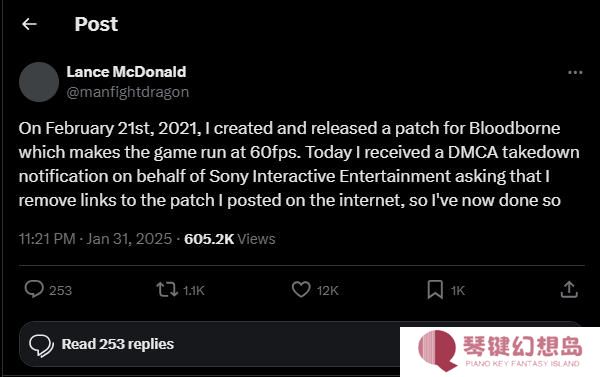 PlayStation勒令2021年发布的《血源诅咒》60帧MOD下架